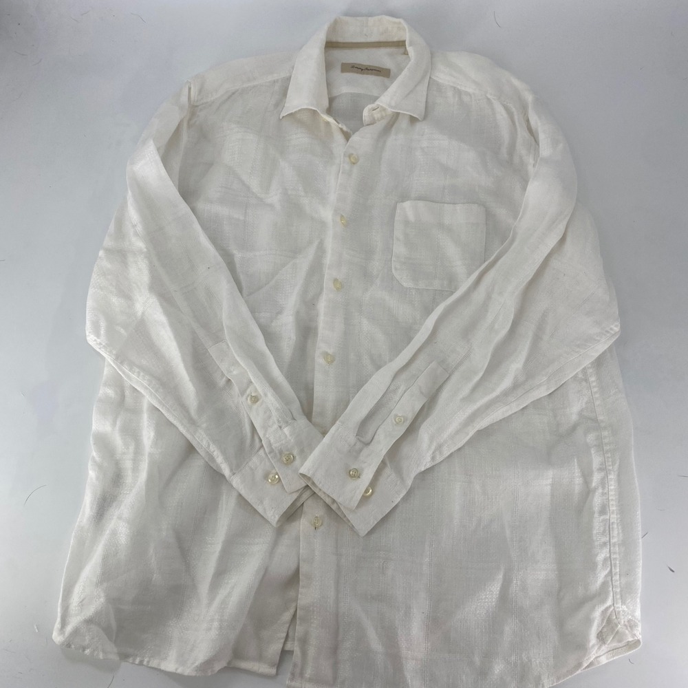 Tommy Bahama Mens XL White 100% Linen Long Sleeve Woven Grid Button Down Shirt
